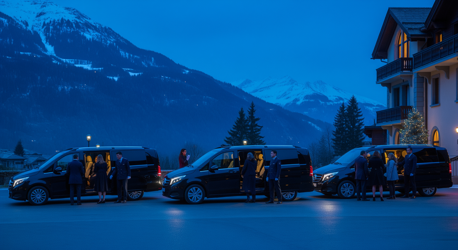 Mercedes V-Class fleet arriving at luxury event venue at blue hour