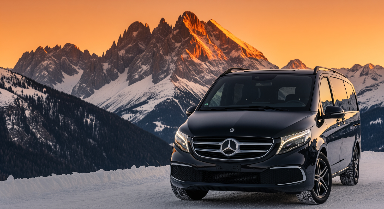 Mercedes V-Class at blue hour in the Swiss Alps with dramatic mountain backdrop