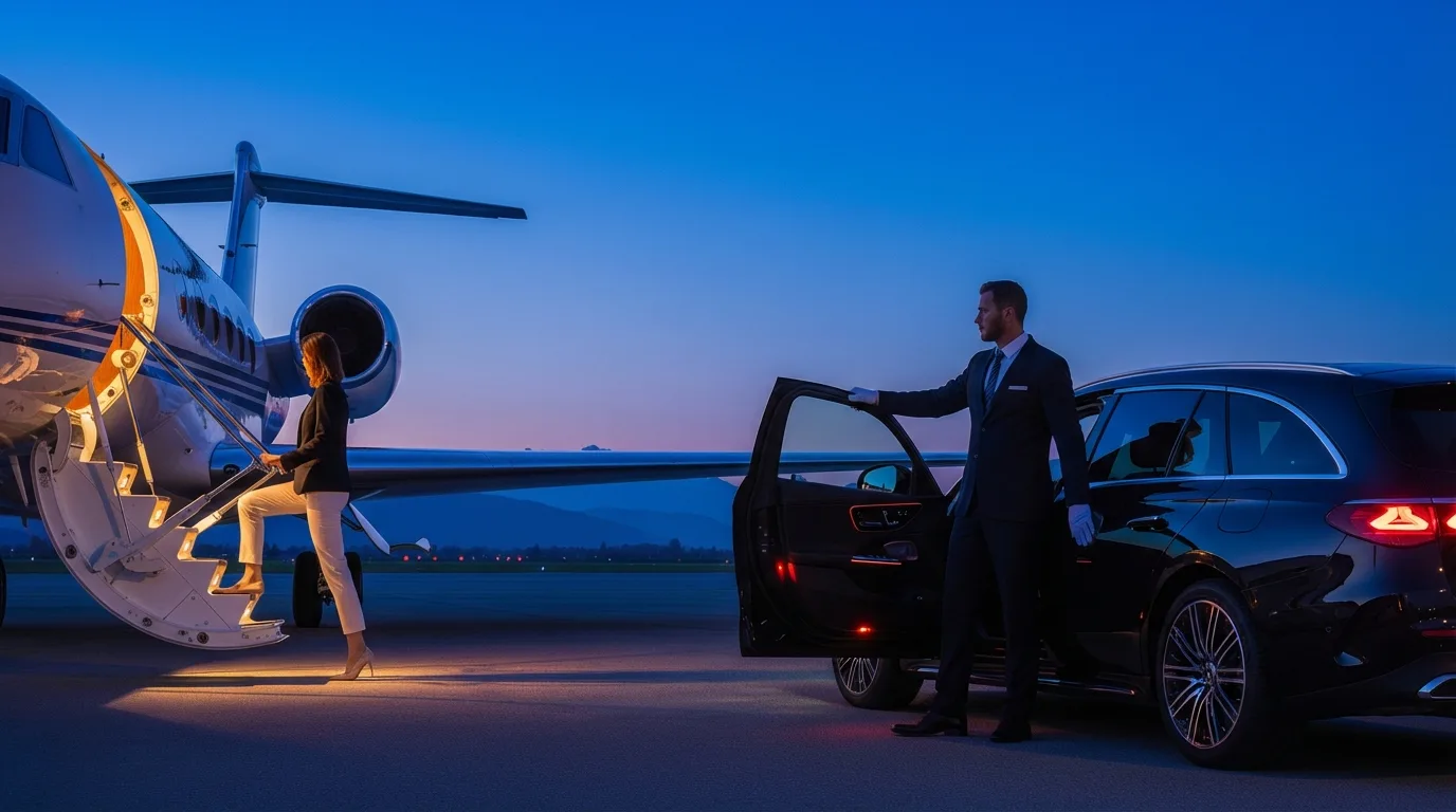 Professional chauffeur opening Mercedes door for client arriving by private jet at dusk